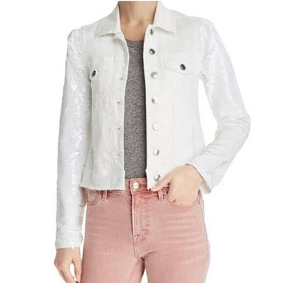 GENERATION LOVE Rosie sequined sleeve white raw hem denim jeans jacket Sz XS NEW - Picture 4 of 9